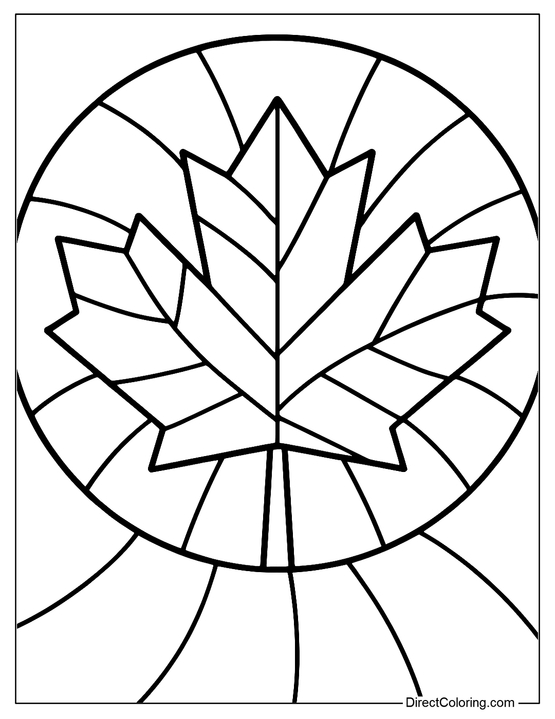 A stylized maple leaf coloring page like stained glass art, each section is clearly divided for coloring.